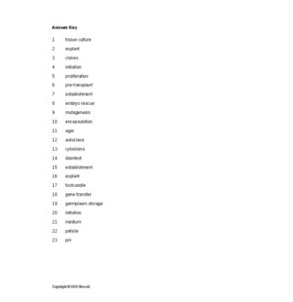 Plant Tissue Cultures Word Scramble for a Plant Science Course