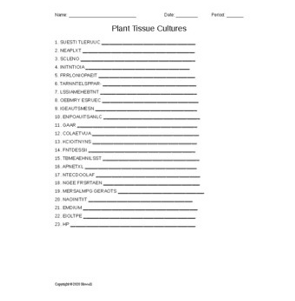 Plant Tissue Cultures Word Scramble for a Plant Science Course