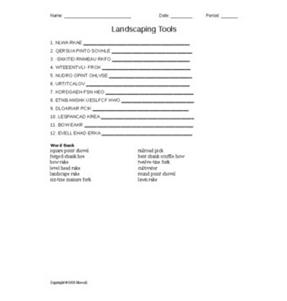 Landscaping Tools Word Scramble for a Plant Science Course