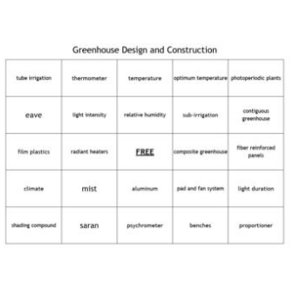 "Greenhouse Design and Construction" Bingo set for a Plant Science Course
