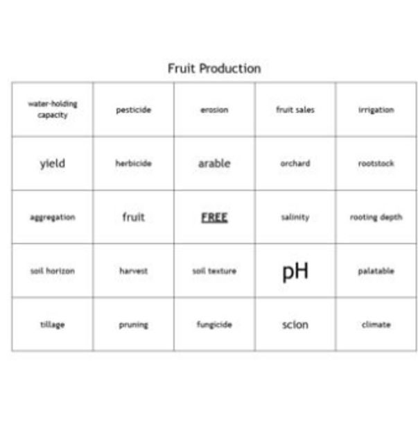 "Fruit Production" Bingo set for a Plant Science Course