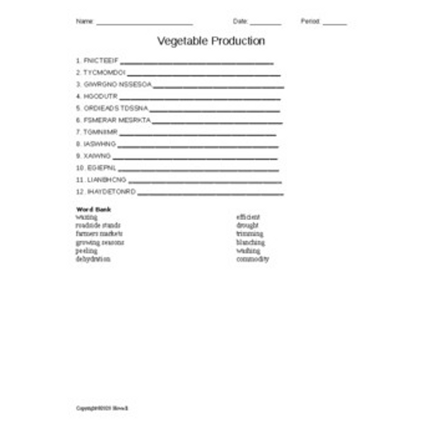 Vegetable Production Word Scramble for Food Science