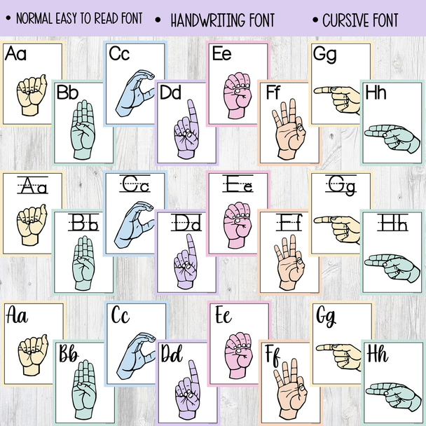 ASL Alphabet Letters American Sign Language Posters for Classrooms Pastel Colors