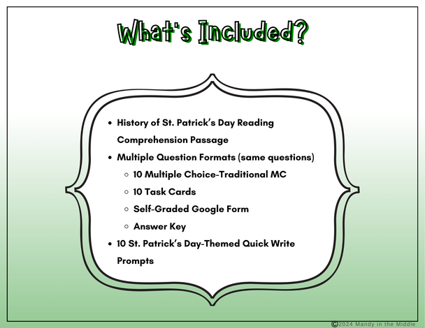 St. Patrick's Day: Reading Comprehension | Multiple Question Formats | 10 Writing Prompts