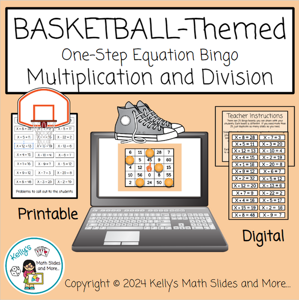 One-Step Equation Bingo Game - Multiplication/Division - Basketball-Themed