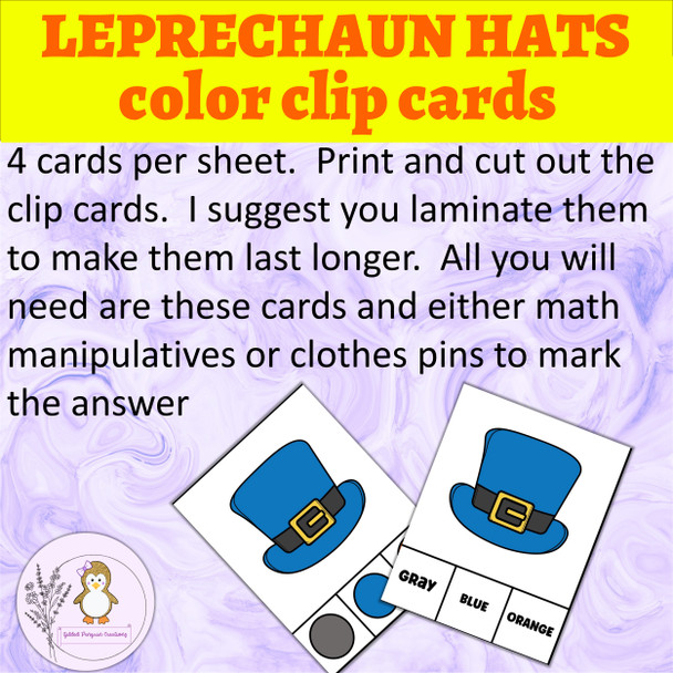 St Patrick's Day Color Clip Cards Leprechaun Hats Color Flash Cards Learn Colors