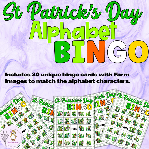 St Patrick's Day Alphabet Bingo Cards Alphabet Activity Game - 5x5
