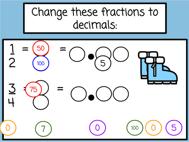 Fractions to Decimals with Number Chips - Digital and Printable - Winter-Themed