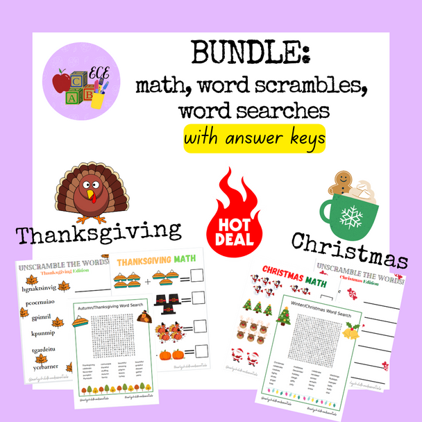 Holiday *Mini* BUNDLE: Add & Subtract / Word Scrambles / Word Searches