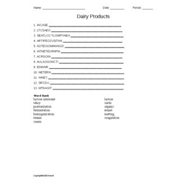 Dairy Products Word Scramble for Food Science