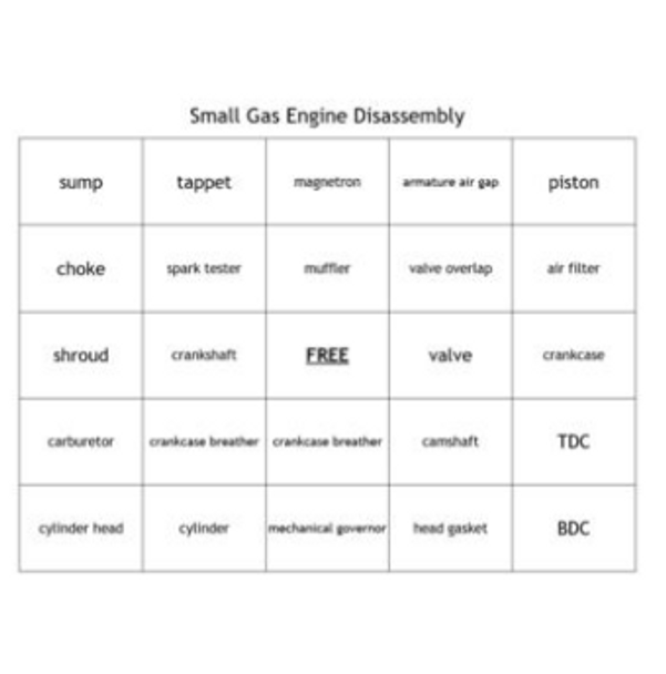 "Small Gas Engine Disassembly" Bingo set for an Agriculture Power Course