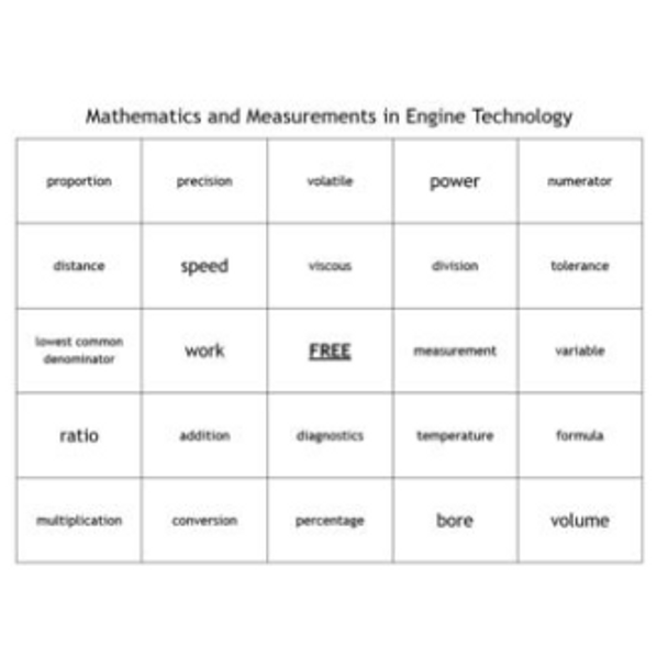 "Mathematics and Measurements in Engine Technology" Bingo set