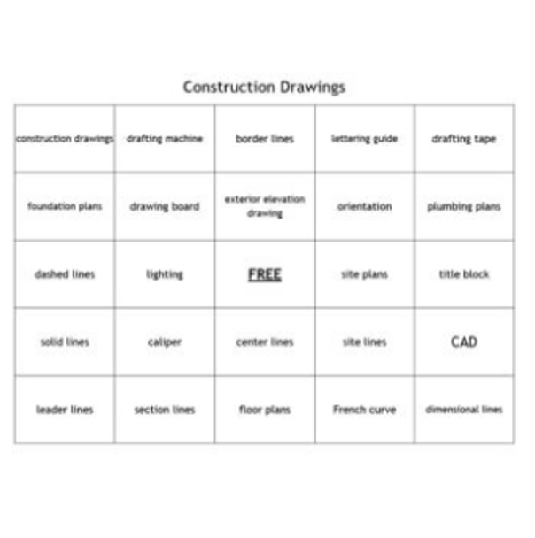 "Construction Drawings" Bingo set for an Agriculture Construction Course