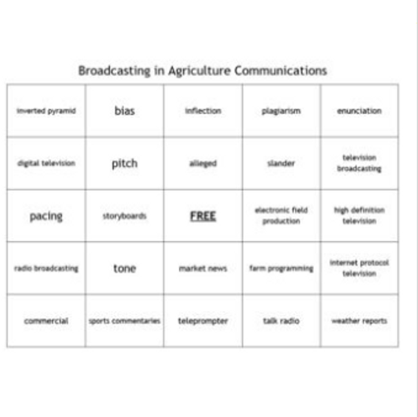 "Broadcasting" Bingo set for an Ag. Communications Course