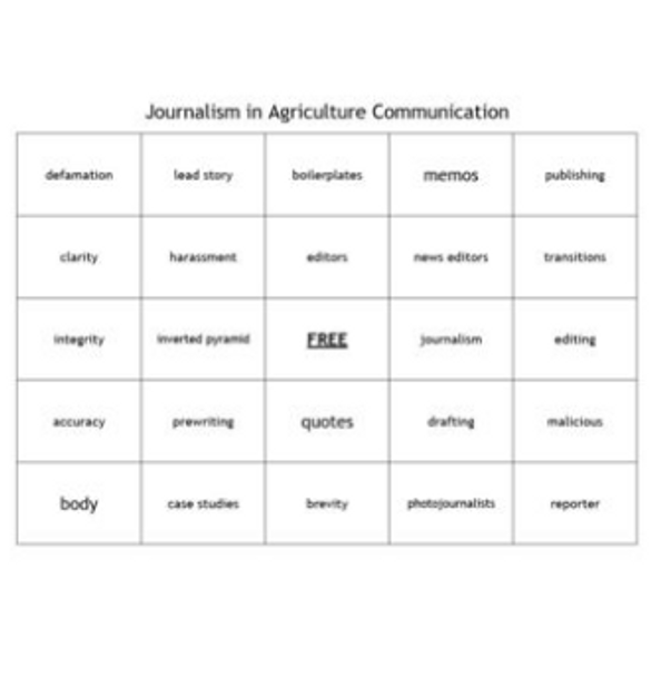"Journalism in Agriculture Communication" Bingo set for an Ag. Communications Course