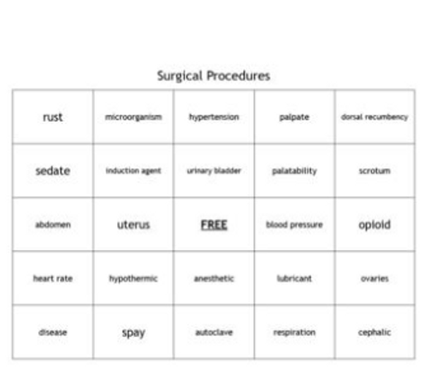 "Veterinary Surgical Procedures" Bingo set for a Veterinary Science Course