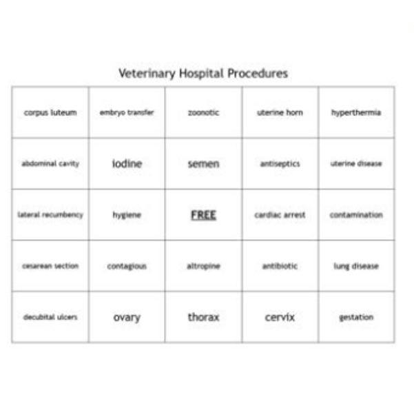 "Veterinary Hospital Procedures" Bingo set for a Veterinary Science Course