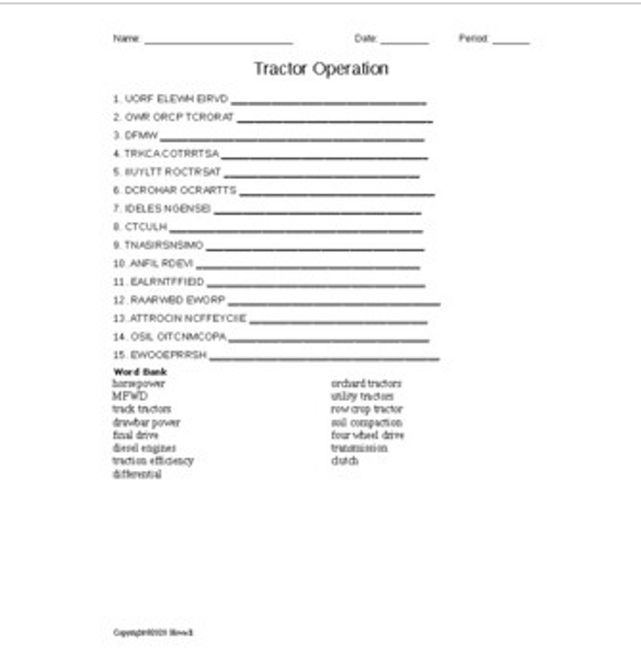 Tractor Operation Word Scramble