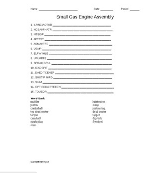 Small Gas Engine Assembly Word Scramble