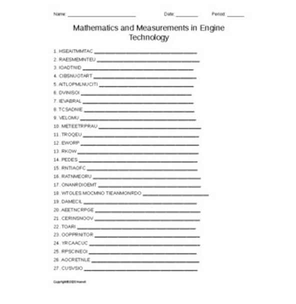 Mathematics and Measurements in Engine Technology Word Scramble