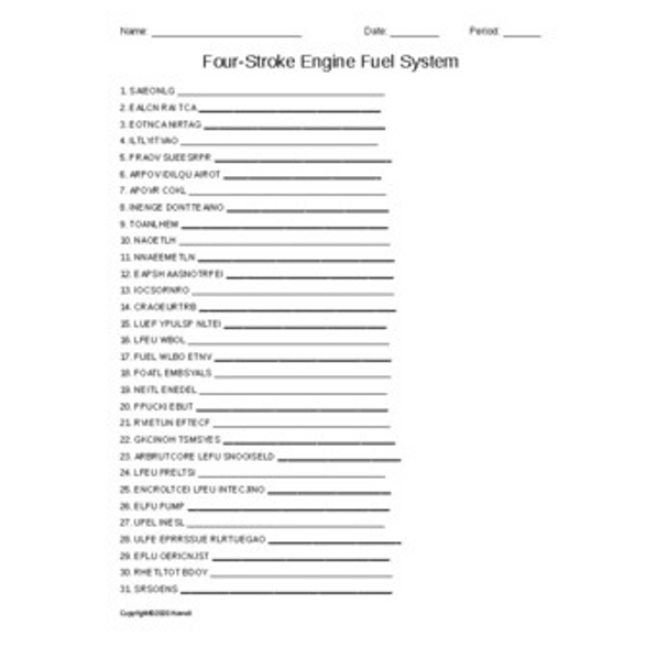 Four Stroke Engine Fuel System Word Scramble