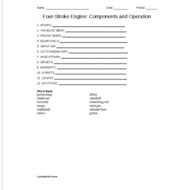 Four Stroke Engine Components Word Scramble
