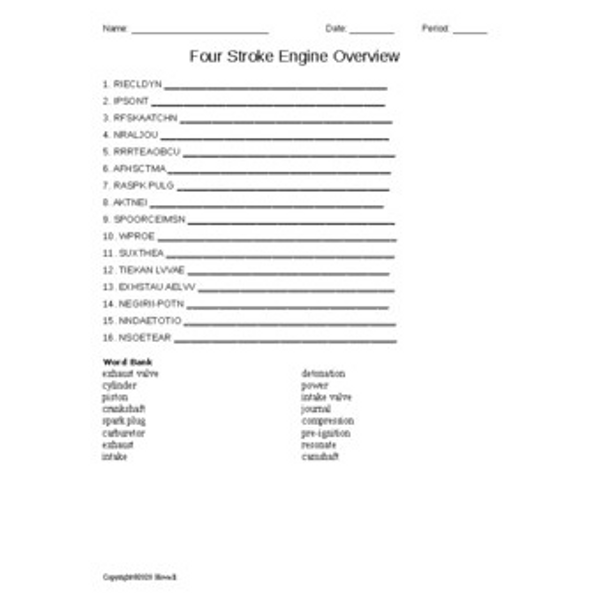 Four Stroke Engine Overview Word Scramble