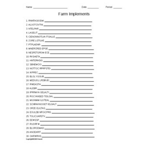 Farm Implements Word Scramble