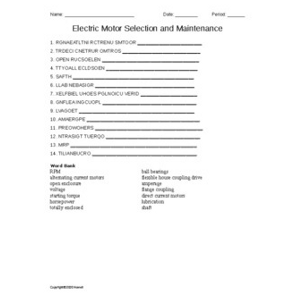 Electric Motor Selection and Maintenance Word Scramble