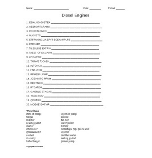 Diesel Engines Word Scramble