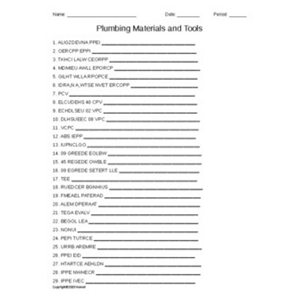 Plumbing Materials and Tools Word Scramble