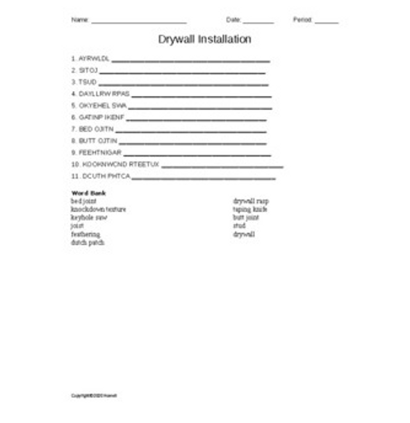 Drywall Installation Word Scramble