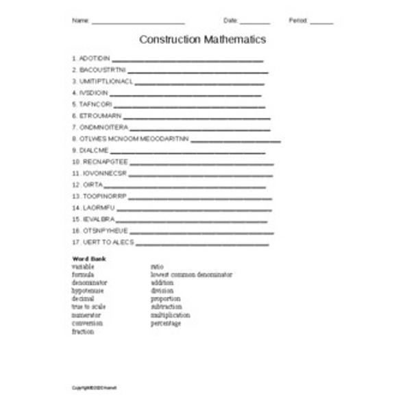 Construction Mathematics Word Scramble