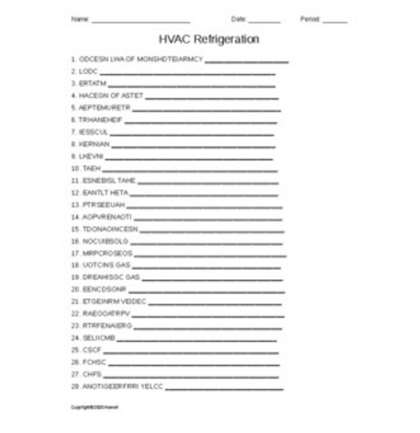 HVAC and Refrigeration Word Scramble