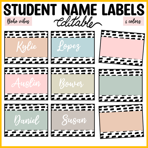 Printable Boho Neutral Student Name Tags, Editable Classroom Labels