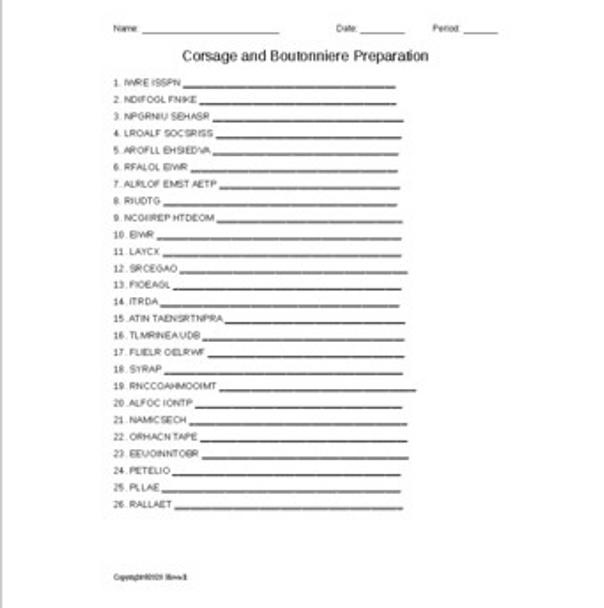 Corsage and Boutonniere Preparation Word Scramble