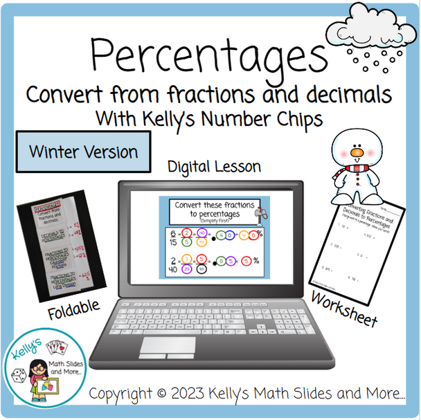 Percentages - Convert from Fractions and Decimals with Number Chips - Winter-Themed