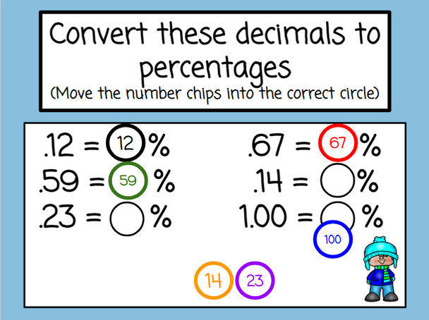 Percentages - Convert from Fractions and Decimals with Number Chips - Winter-Themed