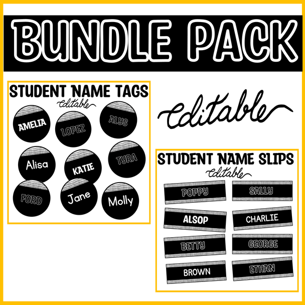 Printable Black and White Student Name Tags Bundle Pack, Classroom Labels