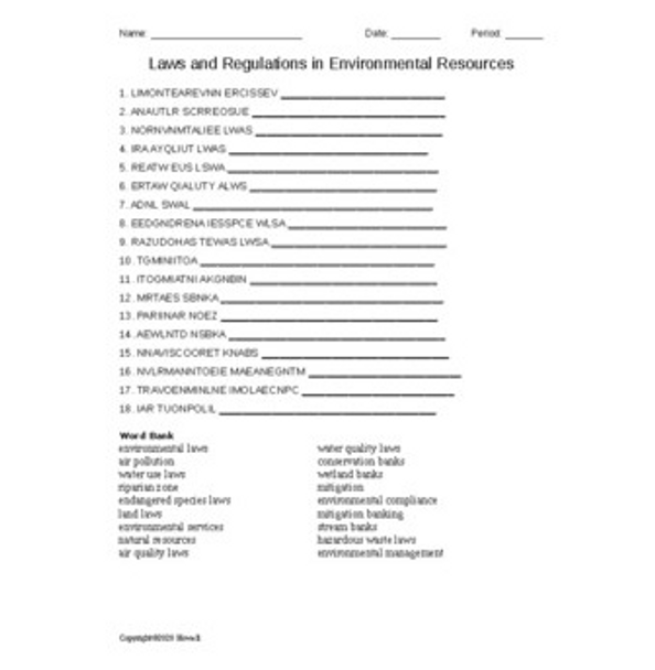 Laws and Regulations in Environmental Resources Word Scramble