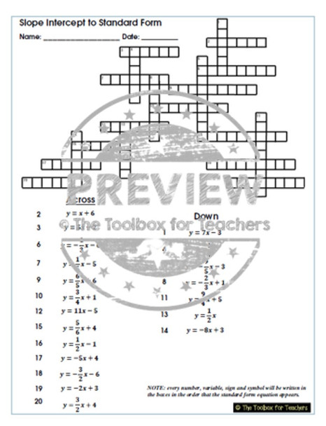 Slope Intercept Standard Form Linear Equations Crossword Puzzle Review Sub Day