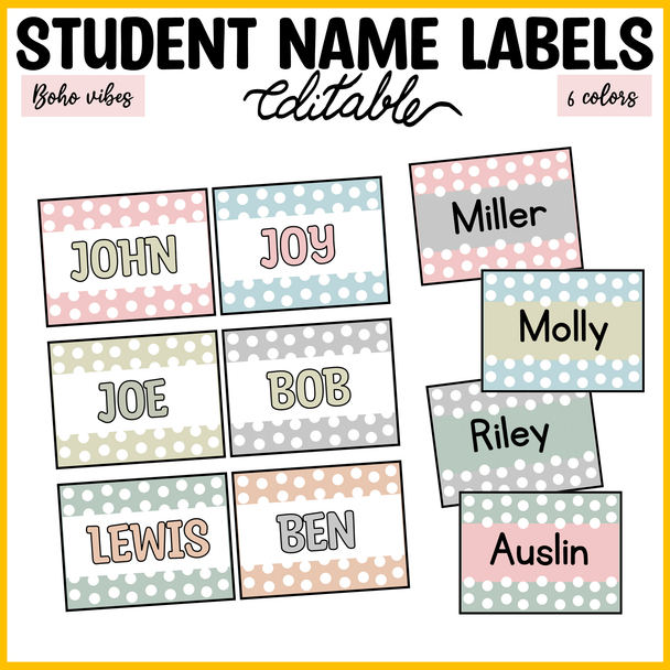 Printable Calm Colors Polka Dots Student Name Tags, Back to School Labels