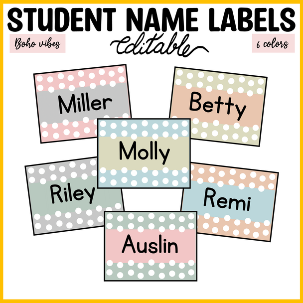 Printable Calm Colors Polka Dots Student Name Tags, Back to School Labels