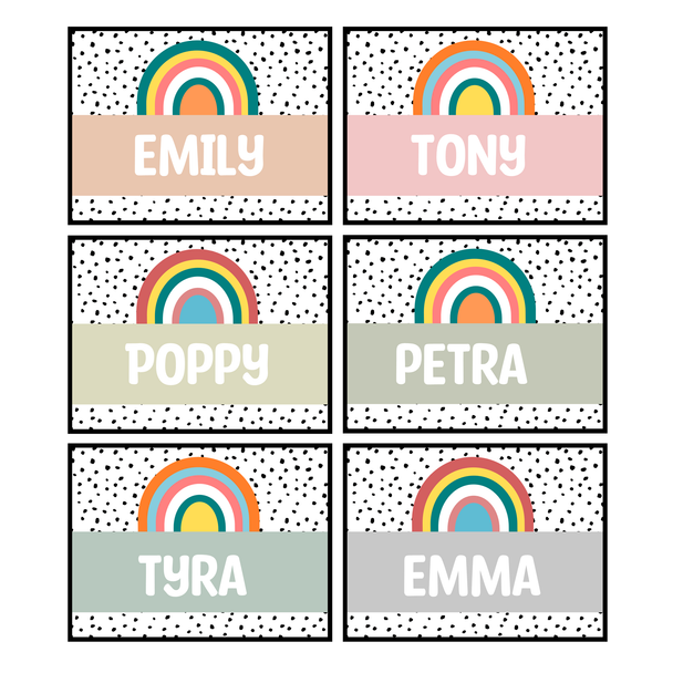 Printable Boho Neutral Spotty Rainbow Student Name Labels, Editable Name Tags