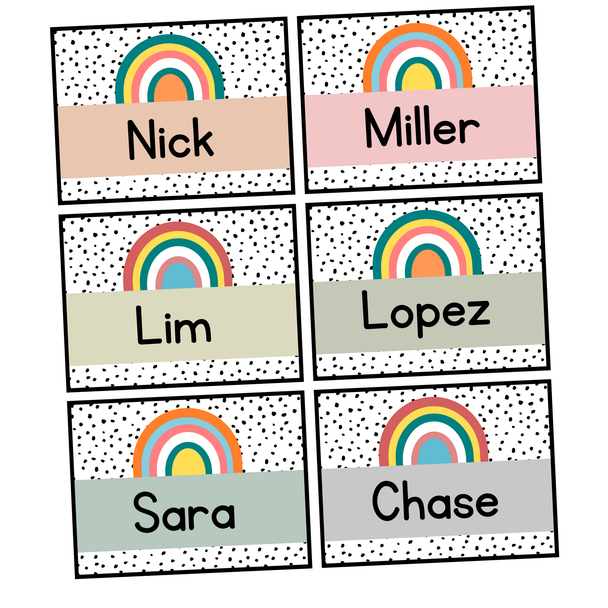 Printable Boho Neutral Spotty Rainbow Student Name Labels, Editable Name Tags