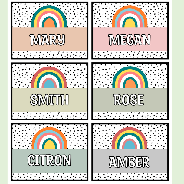 Printable Boho Neutral Spotty Rainbow Student Name Labels, Editable Name Tags