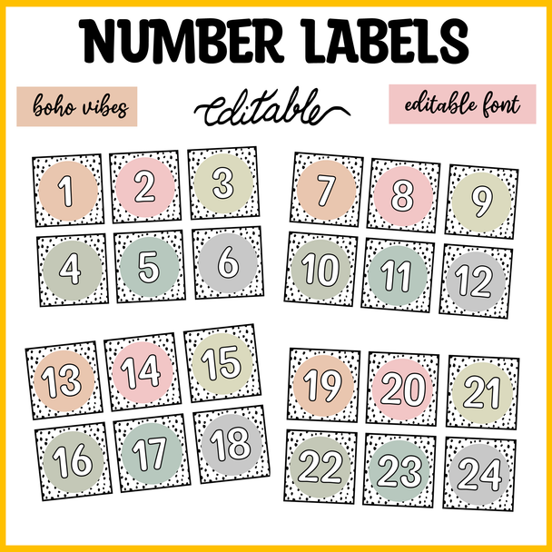 Printable spotty Boho Number Labels, Classroom Calendar Number