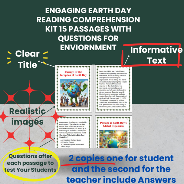 Engaging Earth Day Reading Comprehension Kit 15 Passages With Questions/Answers