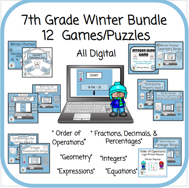 7th Grade Winter Math Bundle - 12 Digital Lessons/Games