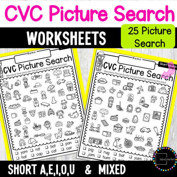 CVC phonics Picture Search I Spy Read and Find Worksheet Puzzles
